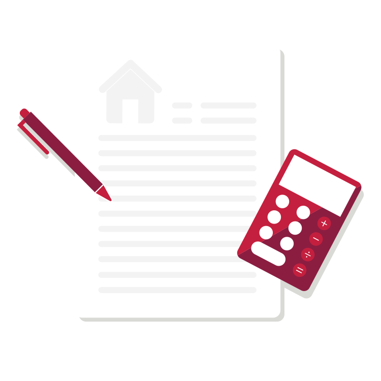 calculate-your-mortgage Red and grey illustration of a document with a pen and calculator on top.